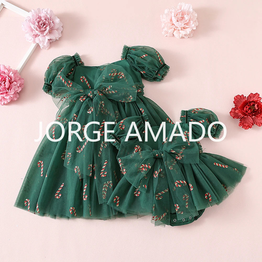 Christmas Summer Baby Girl Sister Matching Outfit Puff Sleeve Big Bow Festive Party Princess Bodysuit Halloween Dresses H2688