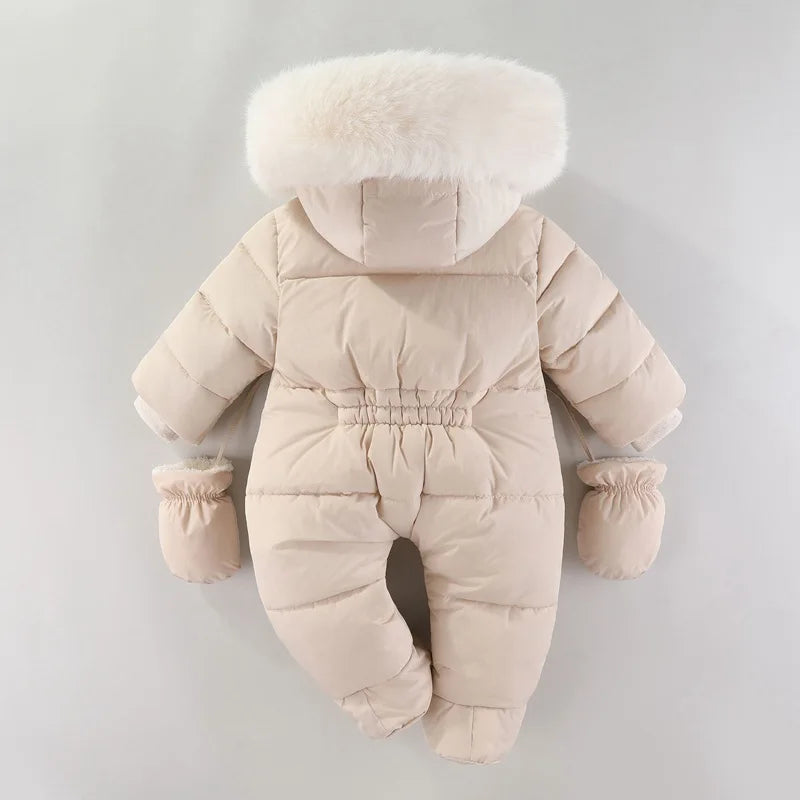 Winter Newborn Baby Girl Clothes Thicken Baby Romper With Gloves Warm Baby Jumpsuit Hooded Plus Velvet Children's Clothing 0-18M
