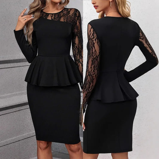 Plus Size Elegant Oversized Midi Dress Lace Splicing Blouse Style Pleated Hemline Fashionable Women's Clothing plus Size Dresses