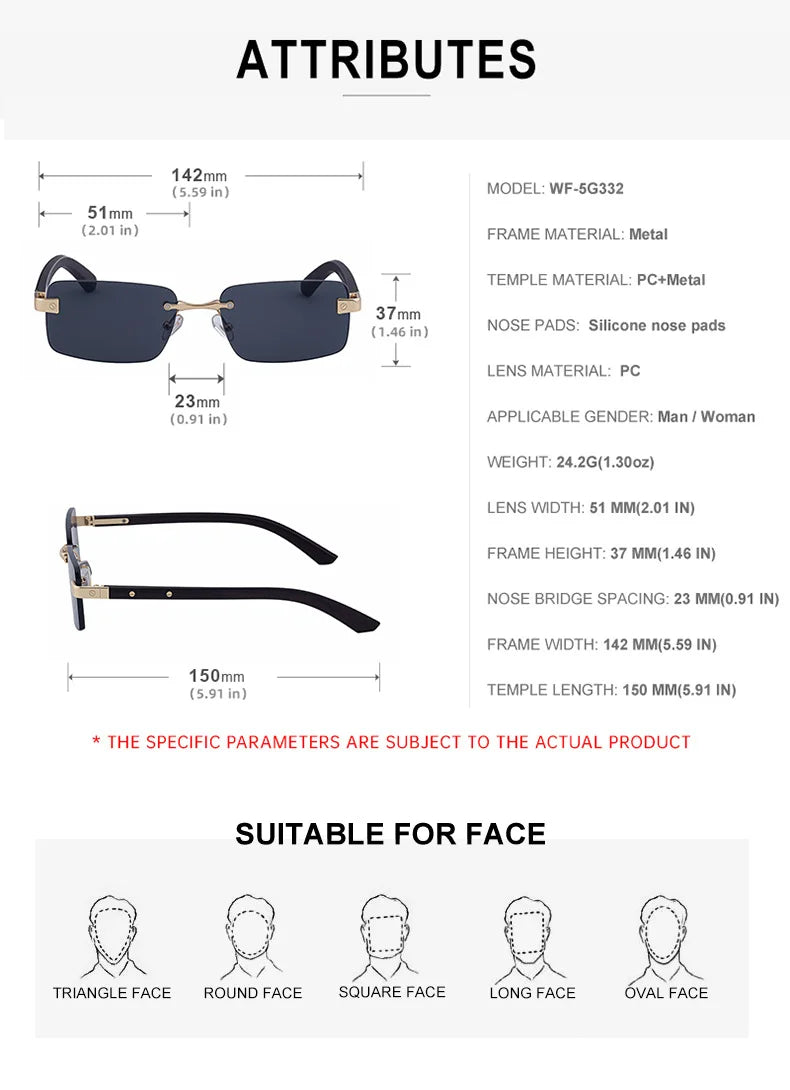 Fashion Rectangle Rimless Sunglasses Men 2026 Luxury Brand Designer Square Small Frame Sun Glasses Male Driving Eyewear Shades