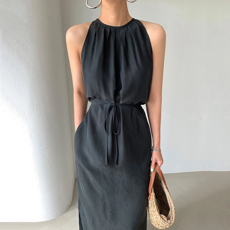 HELIAR Women Halter Strapless Sexy Dress Lace Up Waist Elegant Office Dress Holiday Beach A-line Long Dress Casual Vestidos