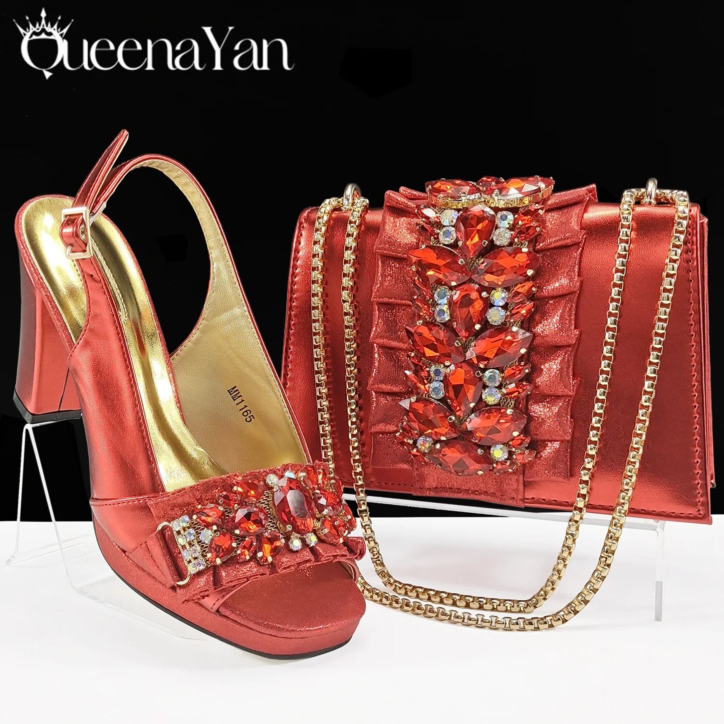 Queena Yan Spot goods Elegant Women Heels Shoes and Bag Set Decoration Rhinestones Women High Heels Shoes OL Bag And Shies