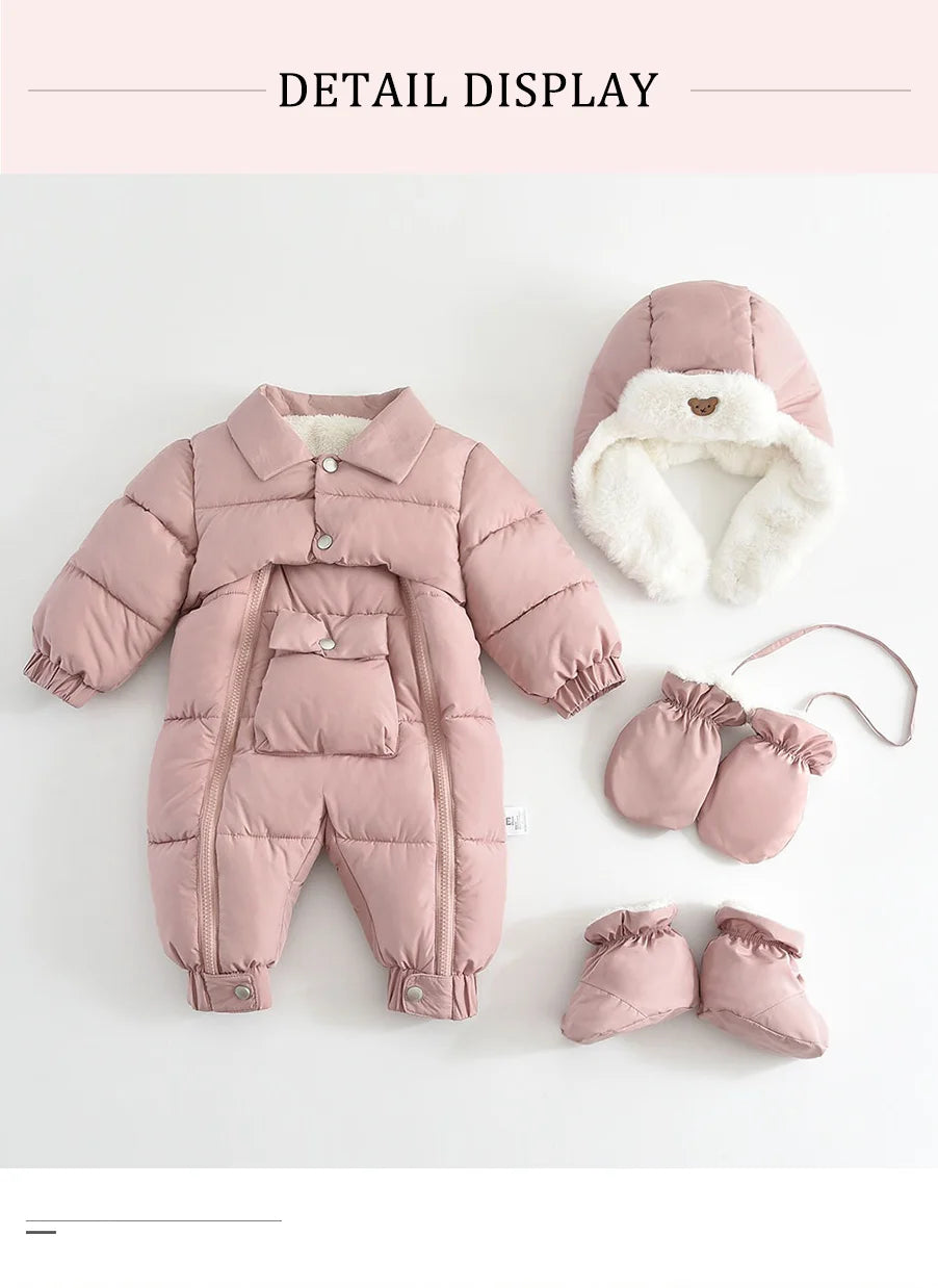 Ircomll Winter Baby Jumpsuit Thick Warm Infant Hooded Inside Fleece Jacket Newborn Boy Girl Coat Overalls Cotton Down Jacket