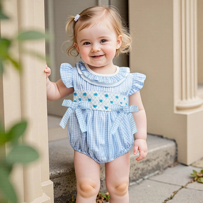 Infant Baby Girl Summer Romper Outfit Ruffle Short Sleeve Bodysuit Bow Embroidery Plaid Jumpsuit 0-18M
