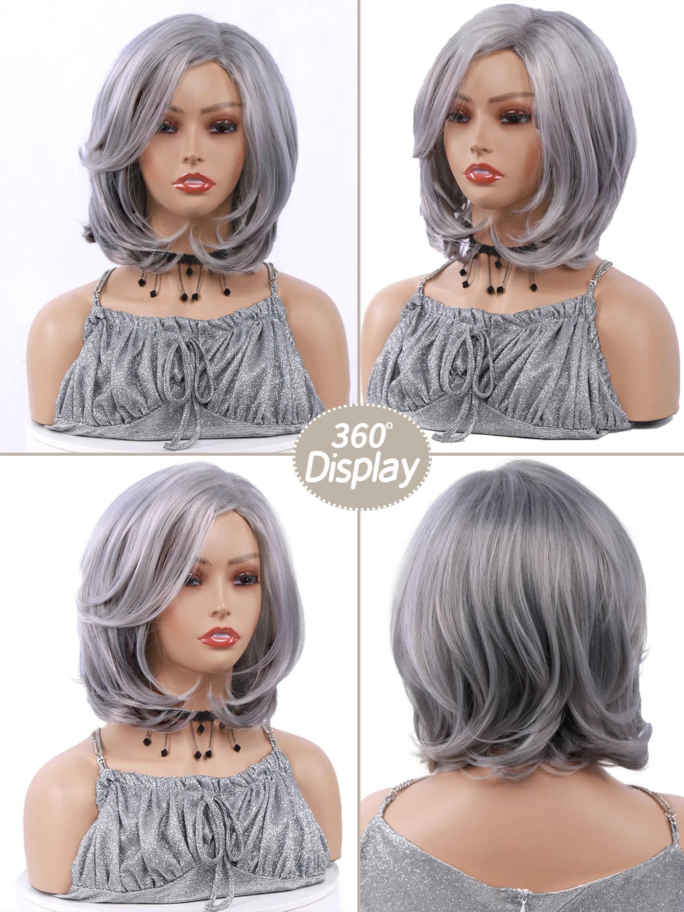 Mid-length Grey Wavy Bob Wigs Short Gray Curly Wig Synthetic Wigs Average Size Realistic Natural Daily Wigs for Woman 10-12 Inch