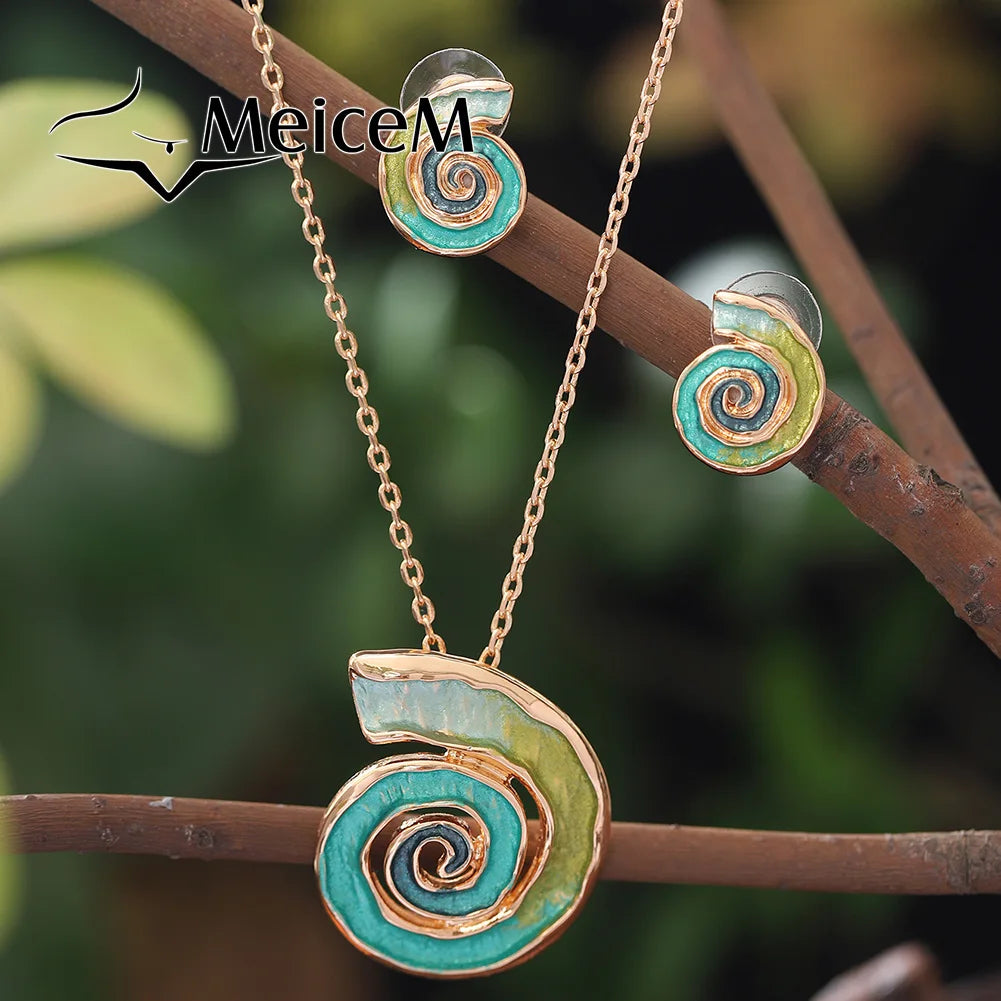 MeiceM Jewelry Set Bohemian Zinc Alloy Geometric Spiral Necklace And Earrings Set Elegant Temperament Jewelry Set For Women