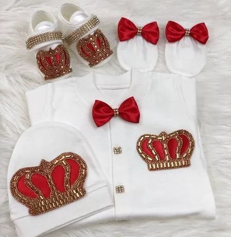 Dollbling Baptism Outfit Boy Prince Luxury Bling Christening Coming Home Romper Bonnet Set Mittens Nursery Hospital Clothing set