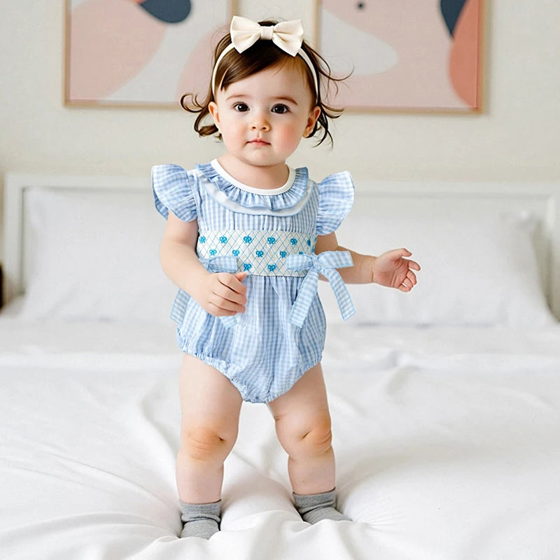 Infant Baby Girl Summer Romper Outfit Ruffle Short Sleeve Bodysuit Bow Embroidery Plaid Jumpsuit 0-18M