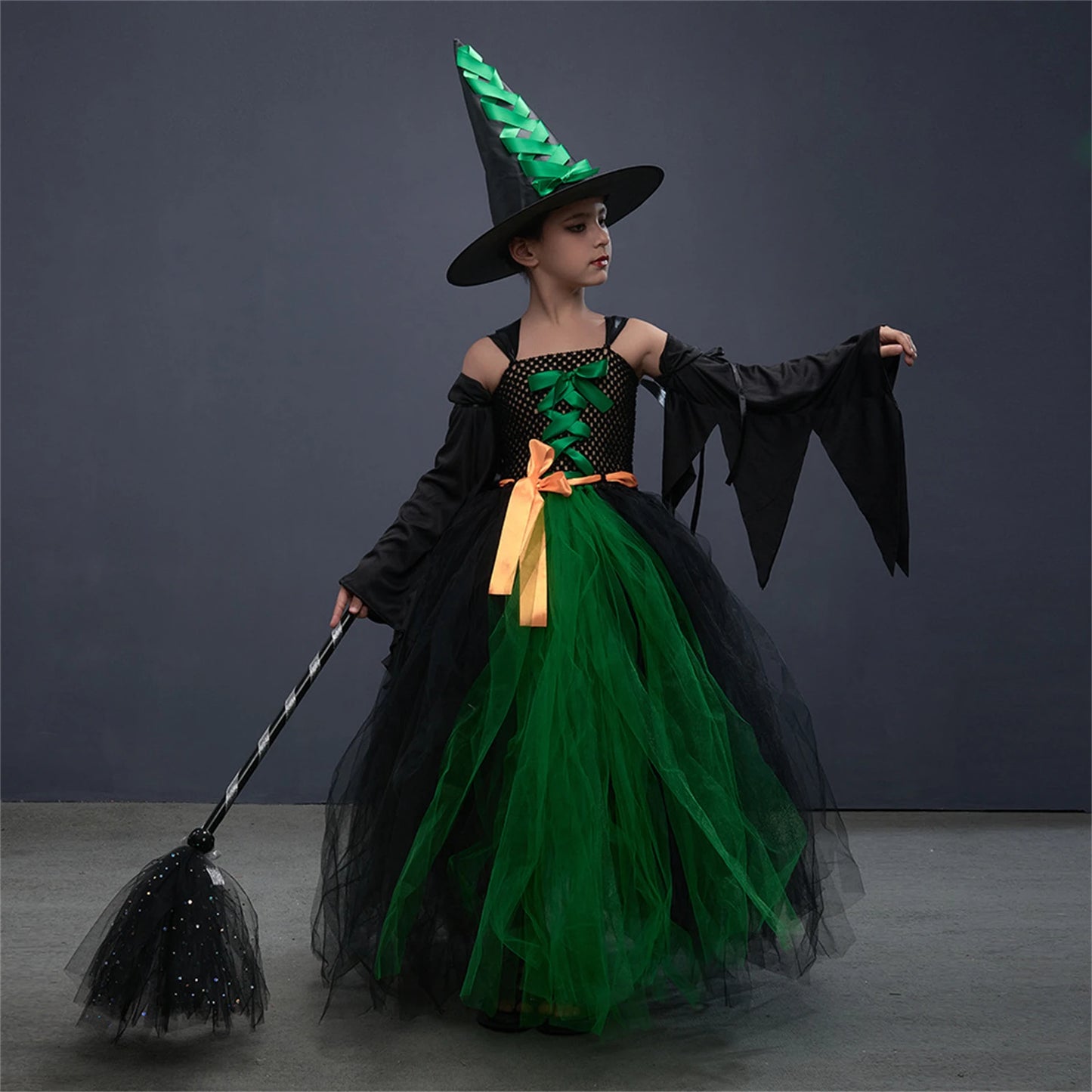 Halloween Witch Costume For Girls Kids Long Veil Dress Princess Dress Birthday Party Dress Stage Performance Dress