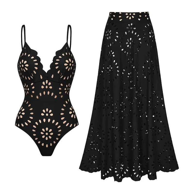 Flaxmaker Summer New Women Sexy Hawaiian Lace Up V Neck Ruffle Swimsuit and Sarong Women Swimwear Set Push Up Bathing Suit
