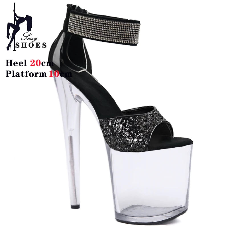 New High-heeled 20cm/8inchs Sandals Women Summer Strap Thin Heel Black Sandals Stripper Pole Dance Dress Models Nightclub Shoes