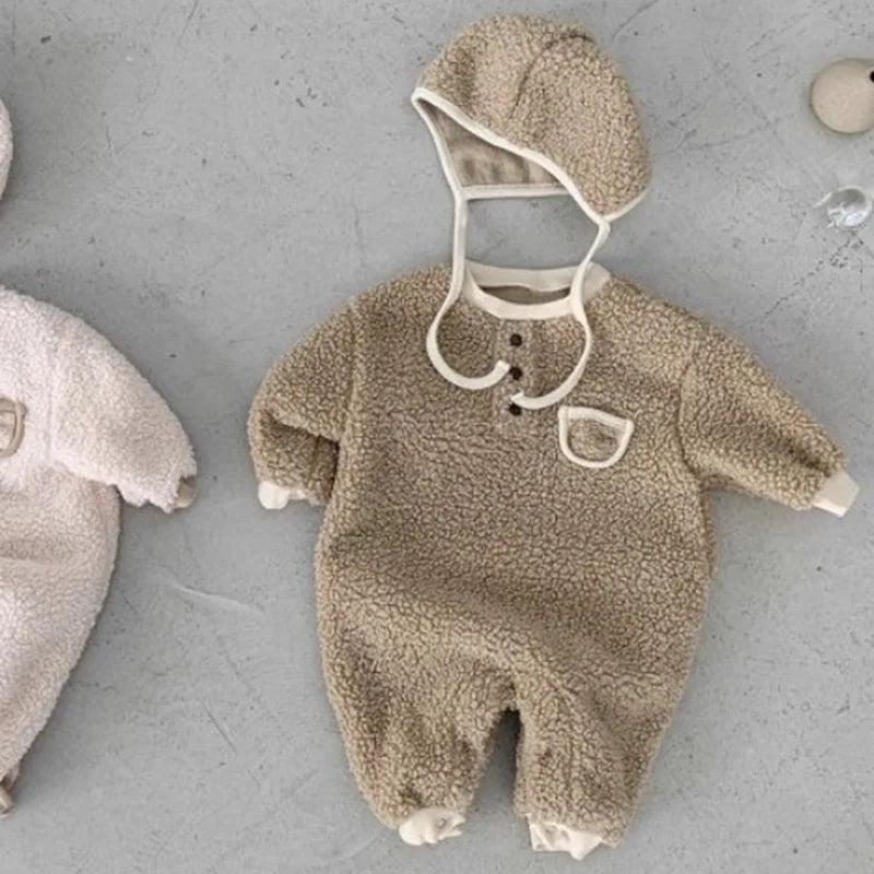 2026 Winter New Baby Warm Berber Fleece Romper + Hat Newborn Toddler Plus Velvet Thick Long Sleeve Jumpsuit Boy Girl Clothes