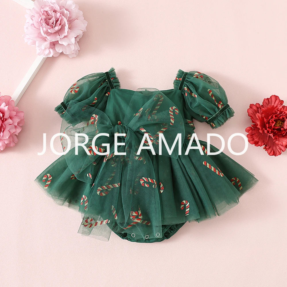 Christmas Summer Baby Girl Sister Matching Outfit Puff Sleeve Big Bow Festive Party Princess Bodysuit Halloween Dresses H2688