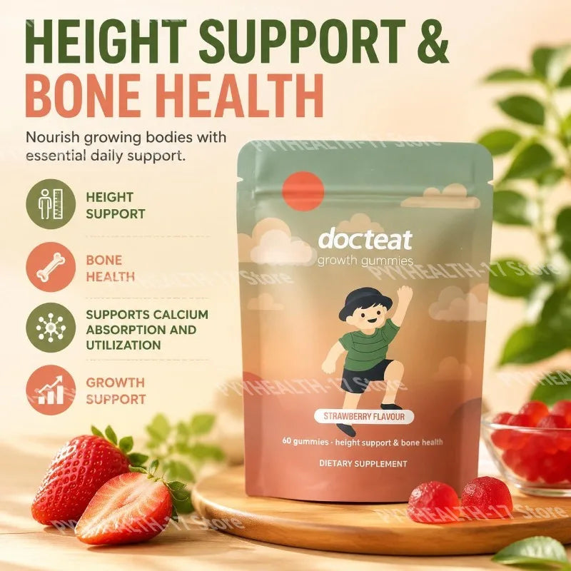Docteat Growth Gummies Strawberry Flavor for Kids Height Support and Bone Health with Calcium Plus Vitamins D & K 60 Gummies