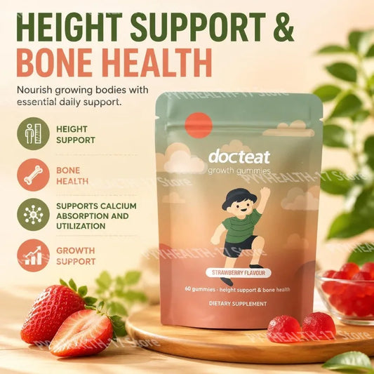 Docteat Growth Gummies Strawberry Flavor for Kids Height Support and Bone Health with Calcium Plus Vitamins D & K 60 Gummies