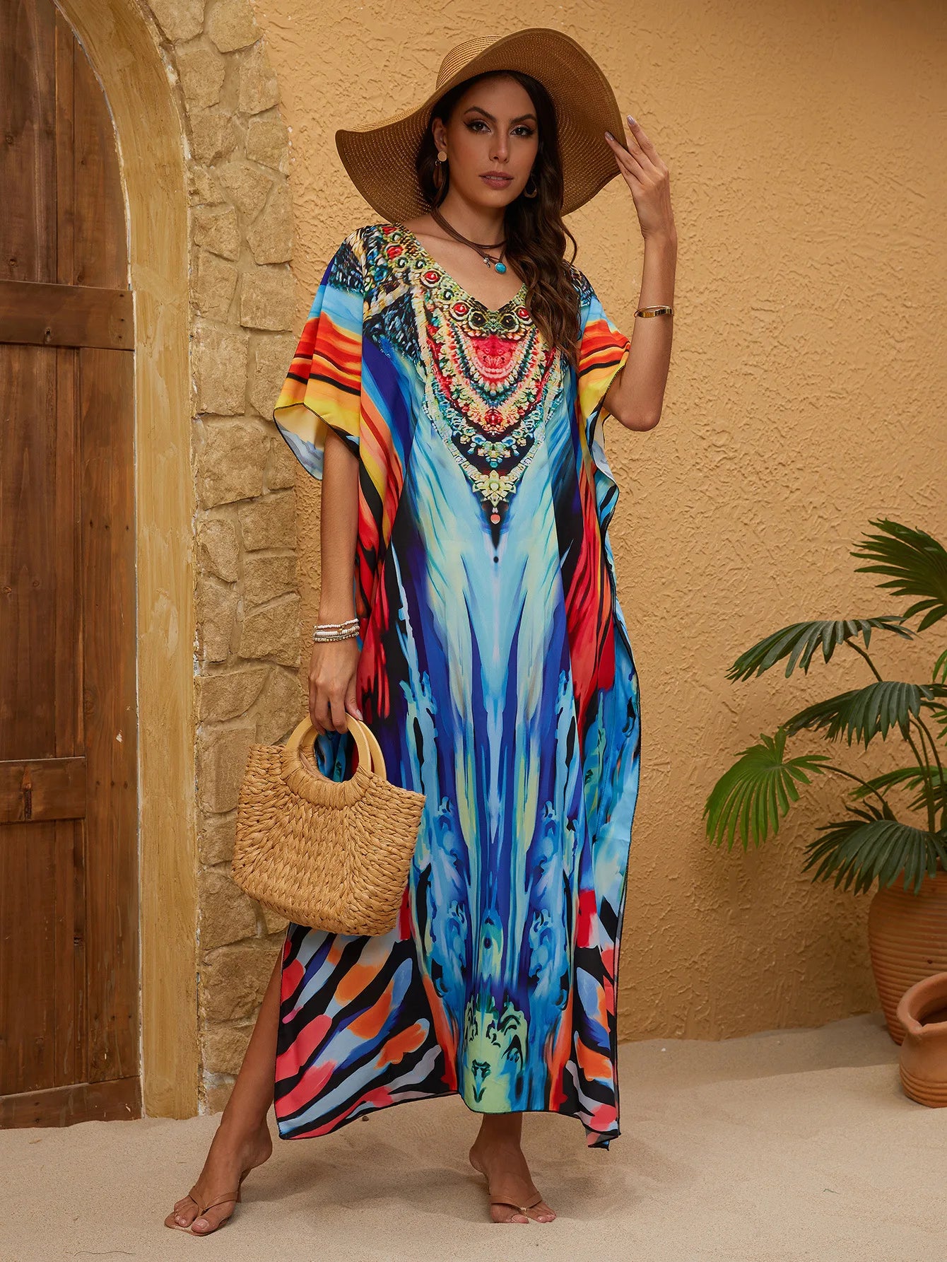 Women's Casual Kaftan Dresses Long Maxi Plus Size Geometric Print Beach Cover Up Vacation Outfits