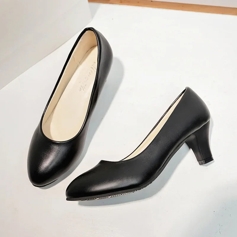 Spring Comfortable Professional Shoes Work Shoes Smart Casual Interview Shoes Women's Shoes Small Leather Shoes Medium Heel Blac