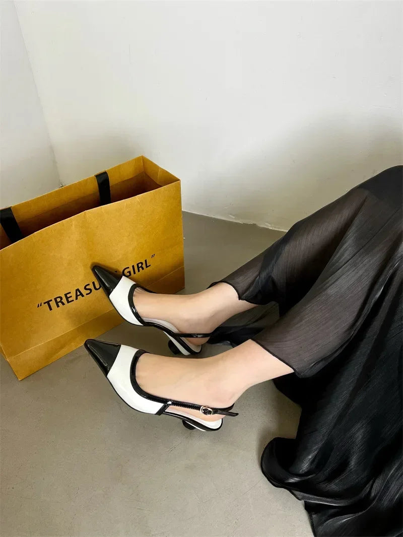 Designer Black White Mixed Color Low Heeled Sandals Women Sexy Pointed Toe Slingbacks Chunky High Heels for Women Elegant Heels