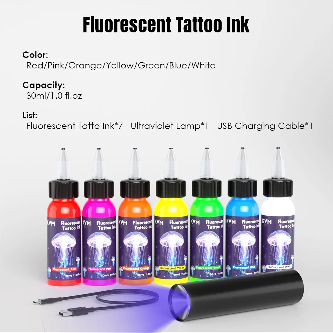 Fluorescent Tattoo Ink 30ml 7 Color Pigment Equipped with Ultraviolet Light Illumination Suitable for Body Art Tattoo Supplies