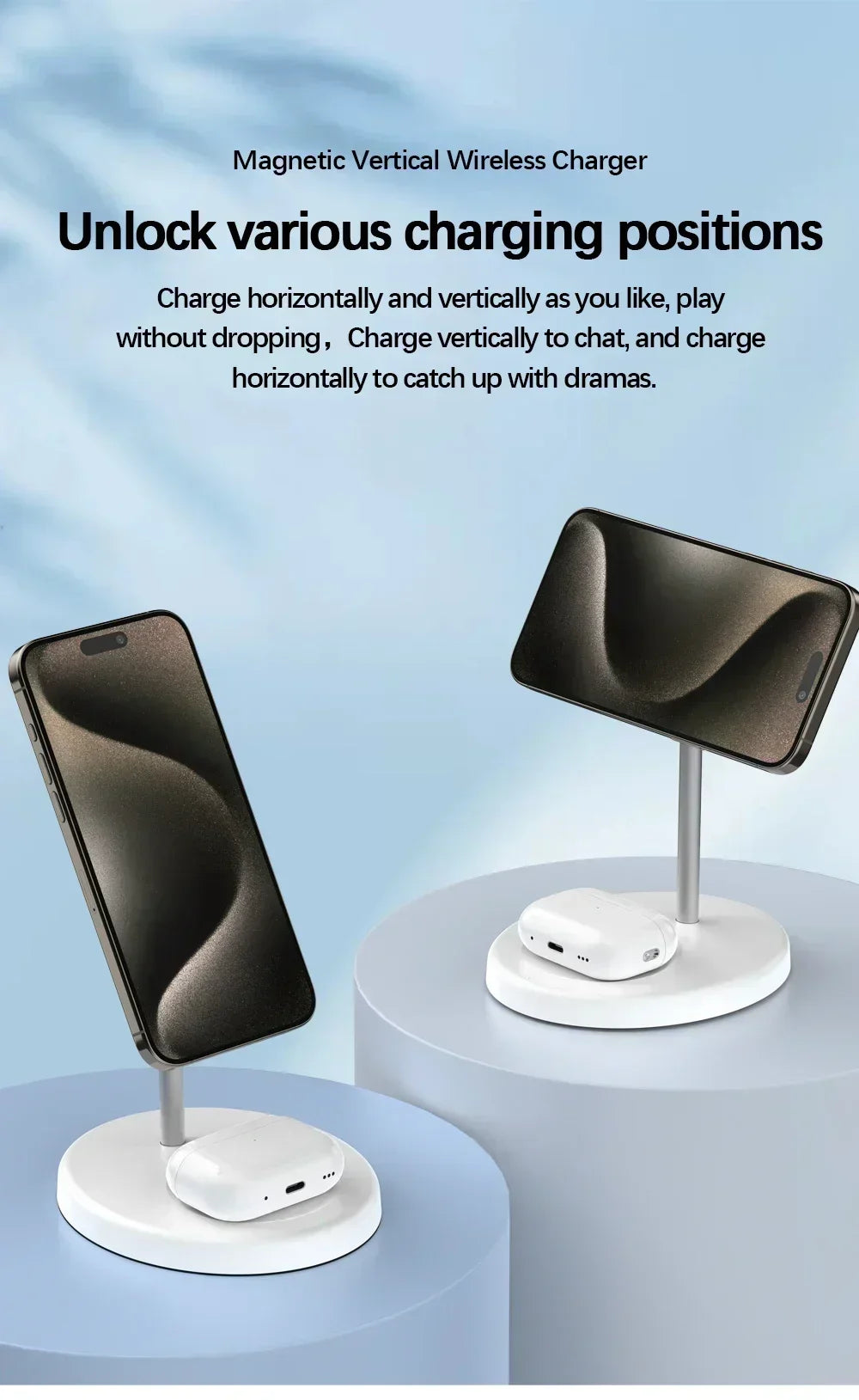 2-in-1 Magnetic Wireless Charger Stand for iPhone 17 16 15 14 13 12 AirPods 4/3 Pro for MagSafe Fast Wireless Charging Stantion