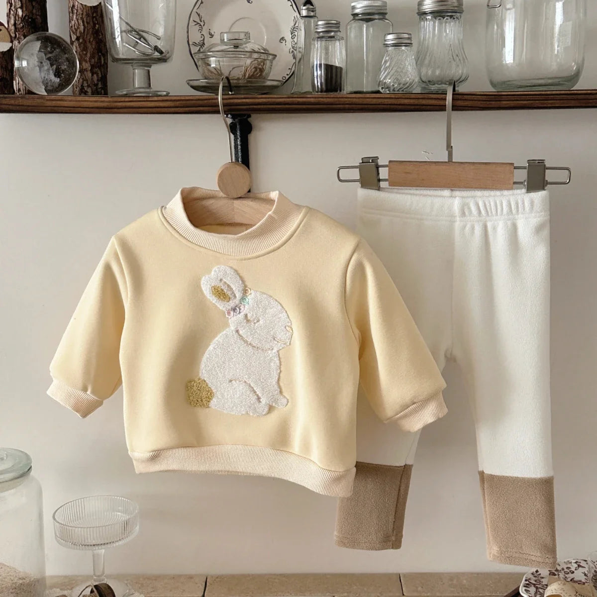 Casual Sweatshirts Girls Toddler New Winter Clothing Crewneck Rabbit Embroidery Pullovers Color Blocked Pants 2pcs Outfit
