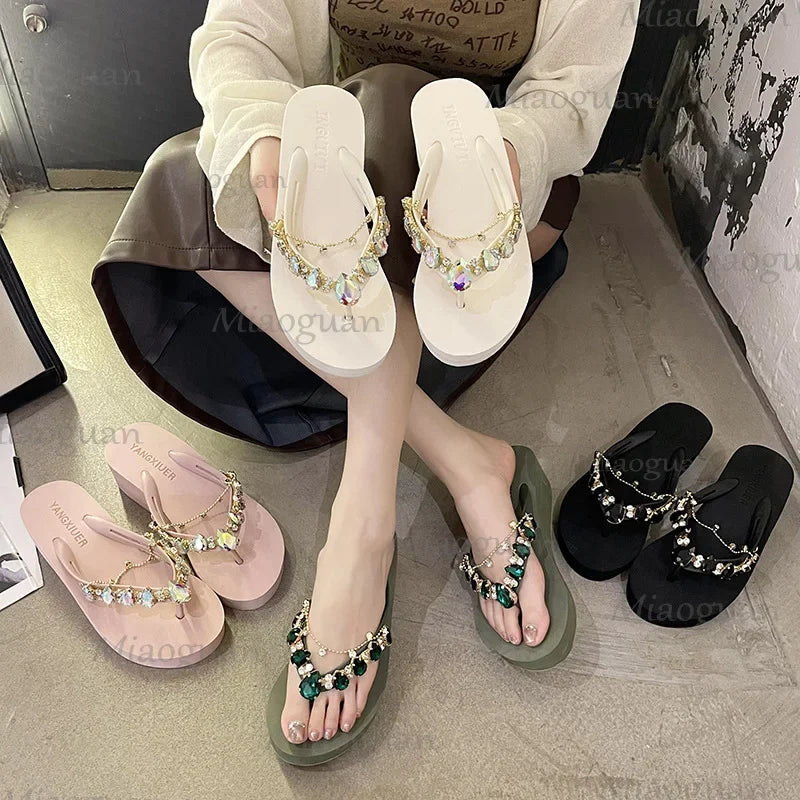 Rhinestone Chain Summer Flip Flops Sandals Women Comfortable Beach Shoes Non-slip Soft Bottom Casual 5cm Heels Wedges Slippers