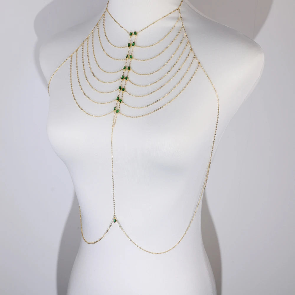 Multi-layer Body Chain Necklace Dress Women Sexy Harness with Colorful CZ Paved Hollow Bling Tassel Chain Fashion Party Jewelry