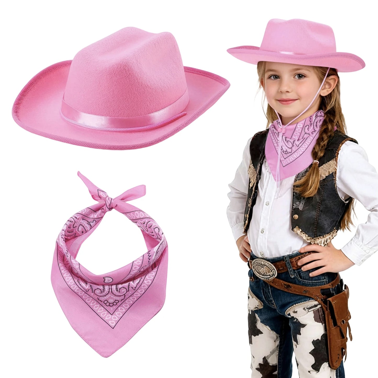 Kids Cowgirl Costume Western Hat Bandana Set Halloween Cosplay Outfits Role Play Accessories