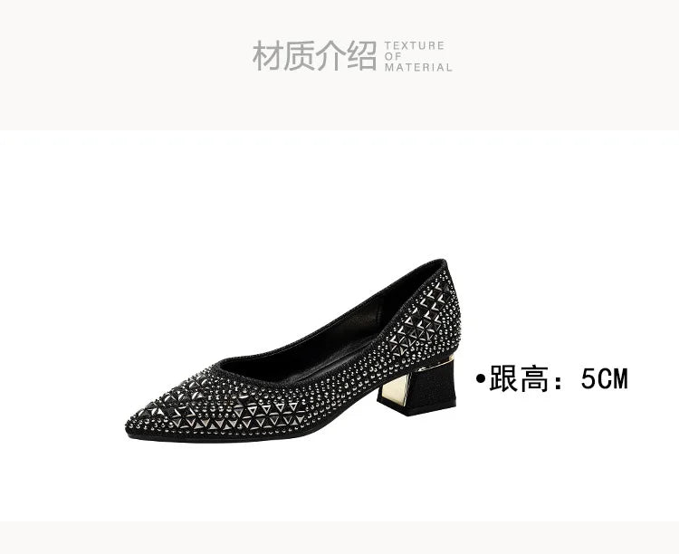 Sequines Cloth Gold rivets pumps women pointed toe glitter med-high heels shoes metal heeled female tacones elegant OL shoes