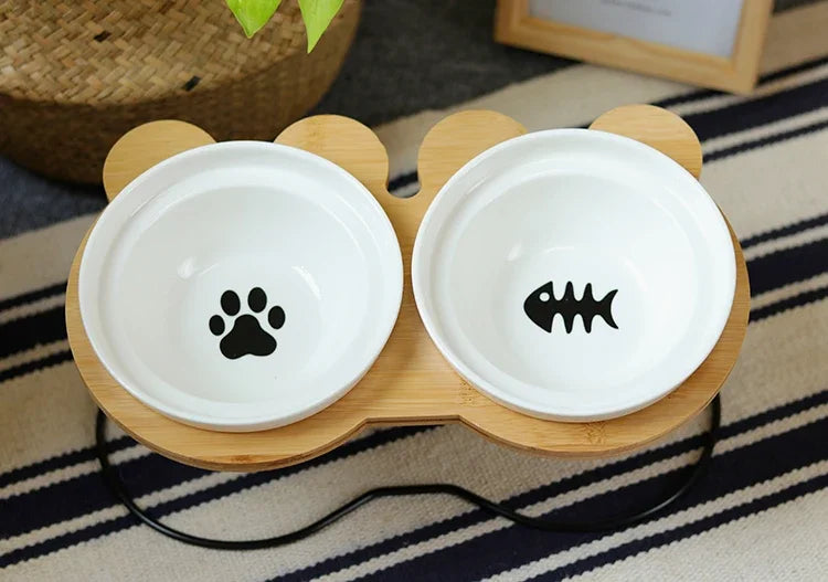 Ceramic Cat Bowl Cat Food Feeder Dog Bowls Drinking Water Bowl Cervical Protection Pet Supplies Ceramic Double Cat Bowls
