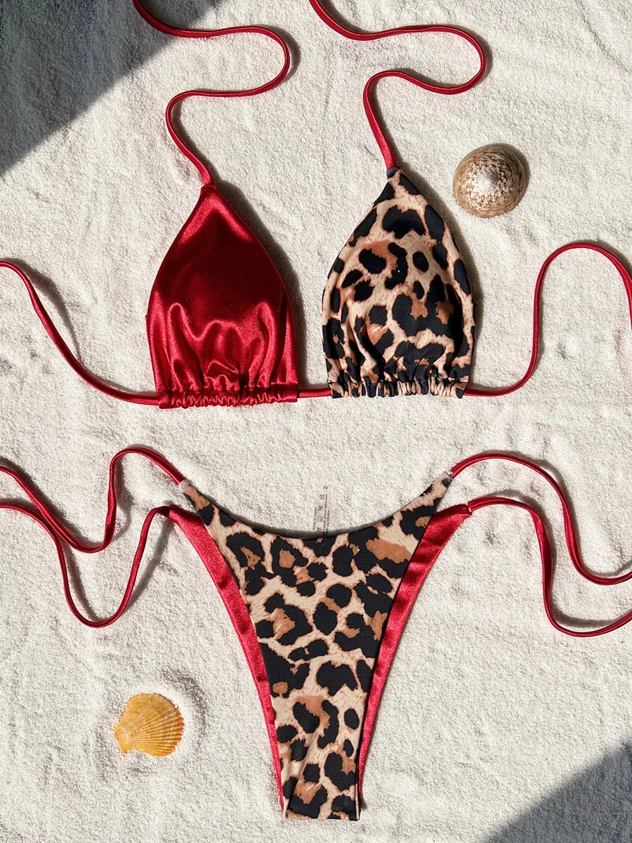 Halter Splicing Leopard Bikinis 2026 Satin Bikini Female Swimsuit Women Swimwear Two-pieces Bikini Set Micro Bathing Suit Swim
