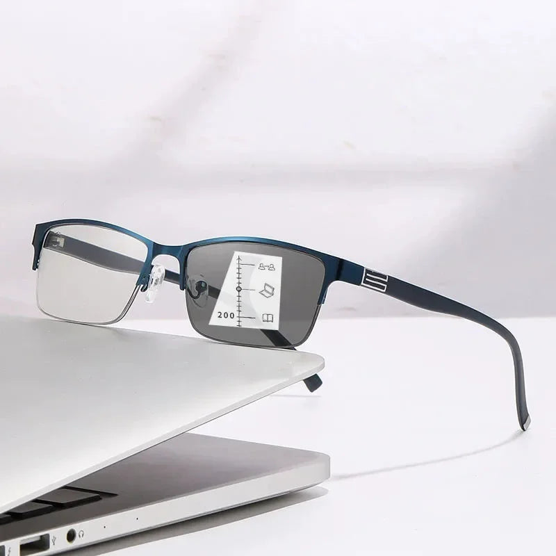 Photochromic Multifocal Reading Glasses Half Frame Color Changing Fashion Presbyopia Trendy Far Sight Sunglasses for Men Women