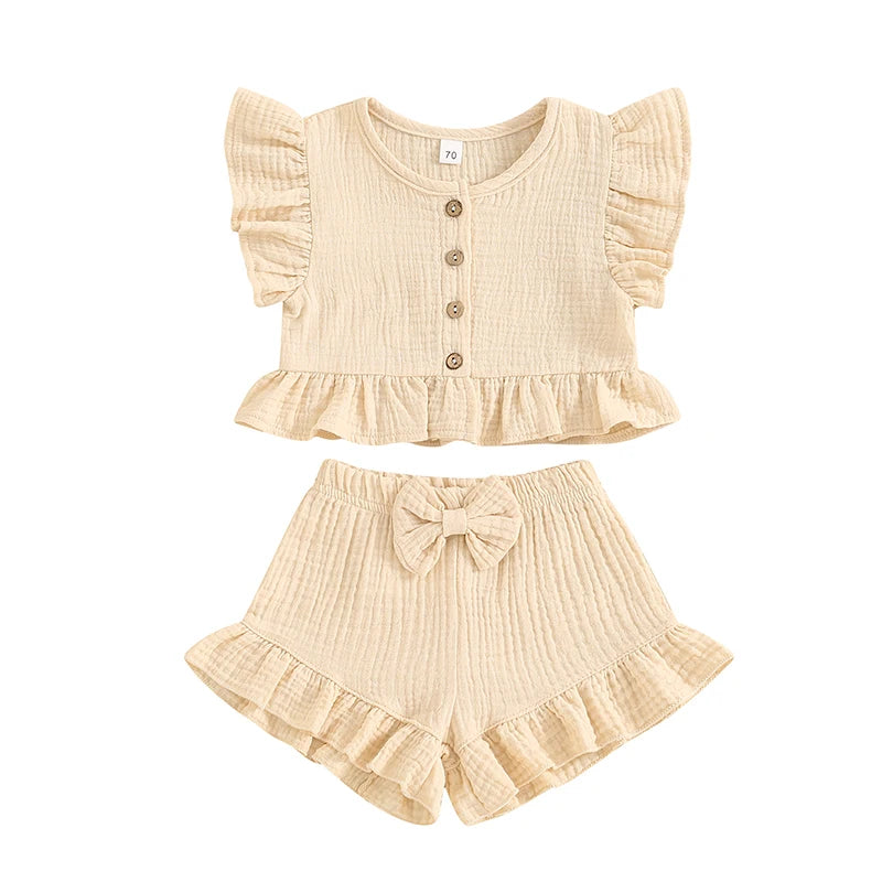 Pudcoco Little Girl 2 Piece Summer Set, Fly Sleeve Button Down Ruffled Tops Bow Elastic Waist Shorts Baby Toddler Set 6M-4T