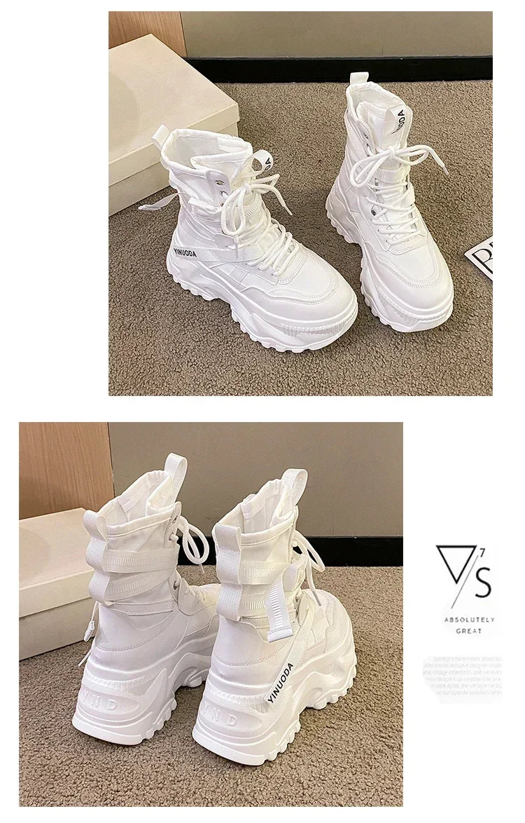 Hot Fashion Women Chunky Platform Motorcycle Boots White Lace Up Thick Bottom Shoes Woman Autumn Winter Ankle
