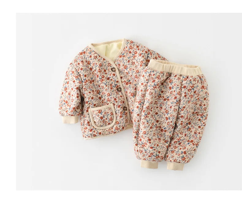 2026 Winter New Baby Warm Clothes Set Cute Leopard Floral Coat + Pants 2pcs Suit Vintage Baby Girl Outfits Infant Jacket Set