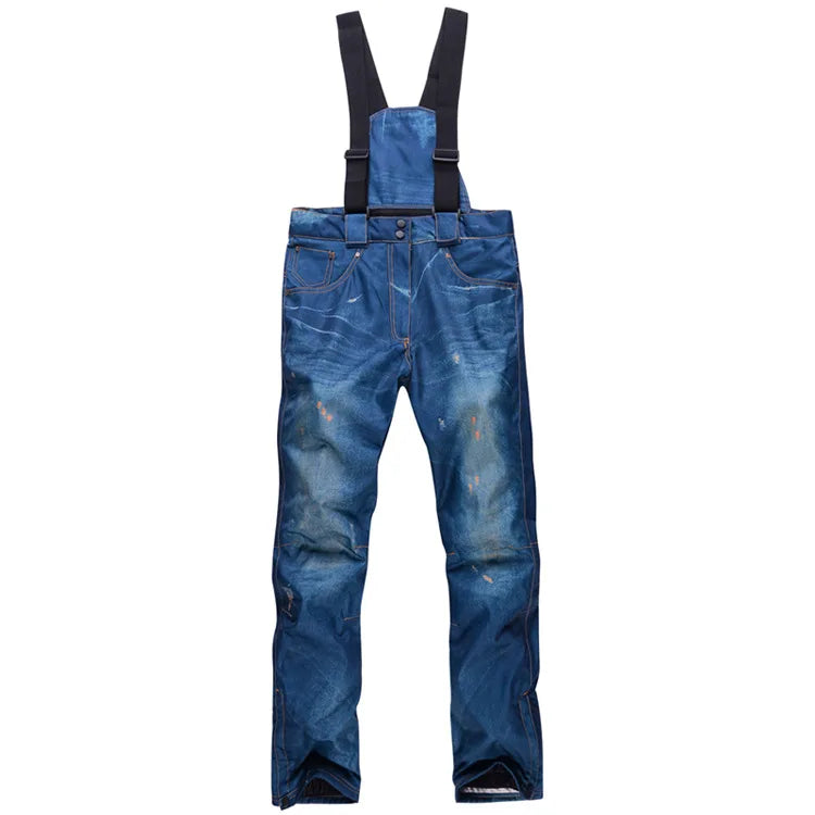 style denim ski pants suspenders denim ski pants men's skating snowboard waterproof, windproof and warm ski pants
