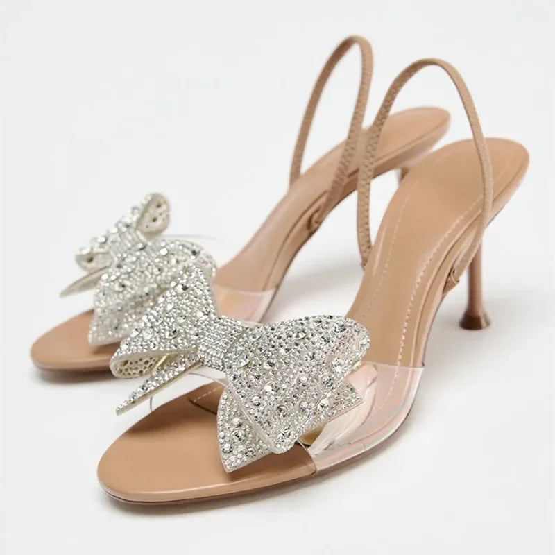 Luxury Glitter Rhinestone Bow Designer Heeled Sandals Women Summer Peep Toe Back Strap High Heels Elegant Party Wedding Shoes