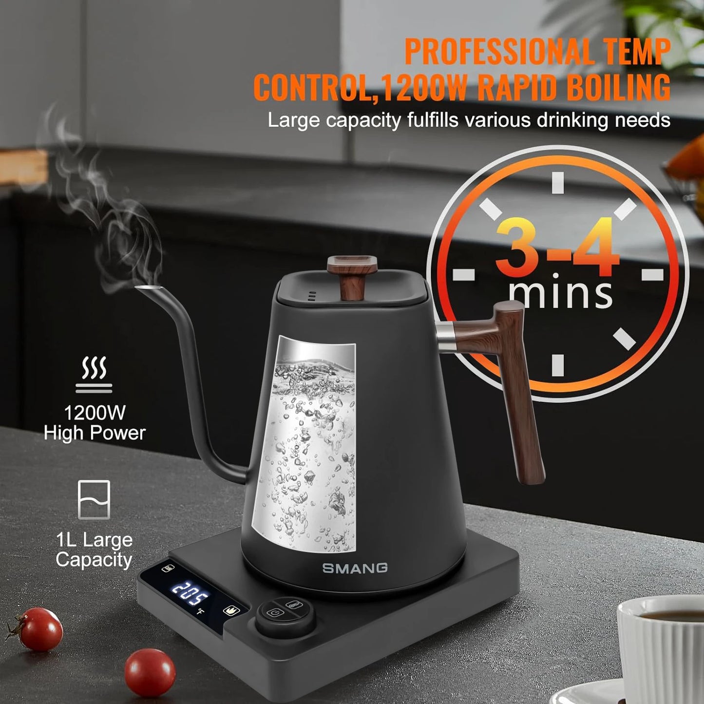 SMANG 1200W Gooseneck Electric Kettle 1L Temperature Control Coffee Kettle Pour Over Coffee Kettle Coffee and Tea Kettle