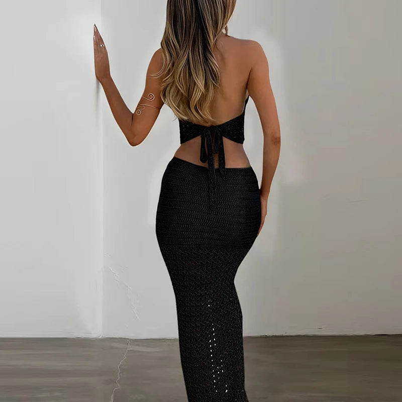 Short Strap Top & Slim Fit Long Skirt Set, Sexy Fashion Vacation, Knitted Cover Up Set, Plain Pattern, Perfect for Travel