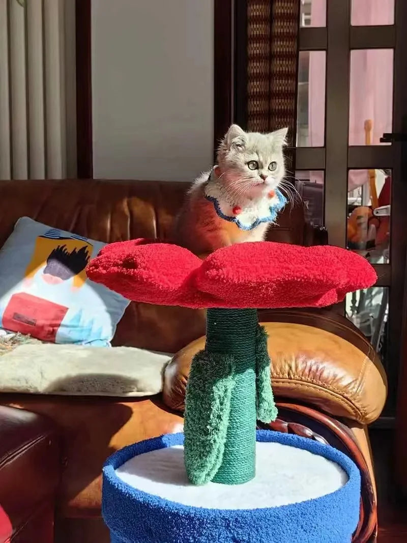 Red Flower Potted Cat Tree with Integrated Cat Bed Below Medium-Sized Cat Tree (Suitable for Cats Under 15 lbs)