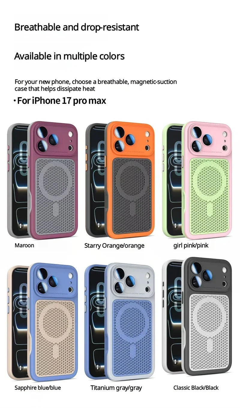 Heat Dissipation Mesh Magnetic Case for iPhone 17 15 14 13 12 16 Pro Max Plus For Magsafe Lens Protector Shockproof Bumper Cover