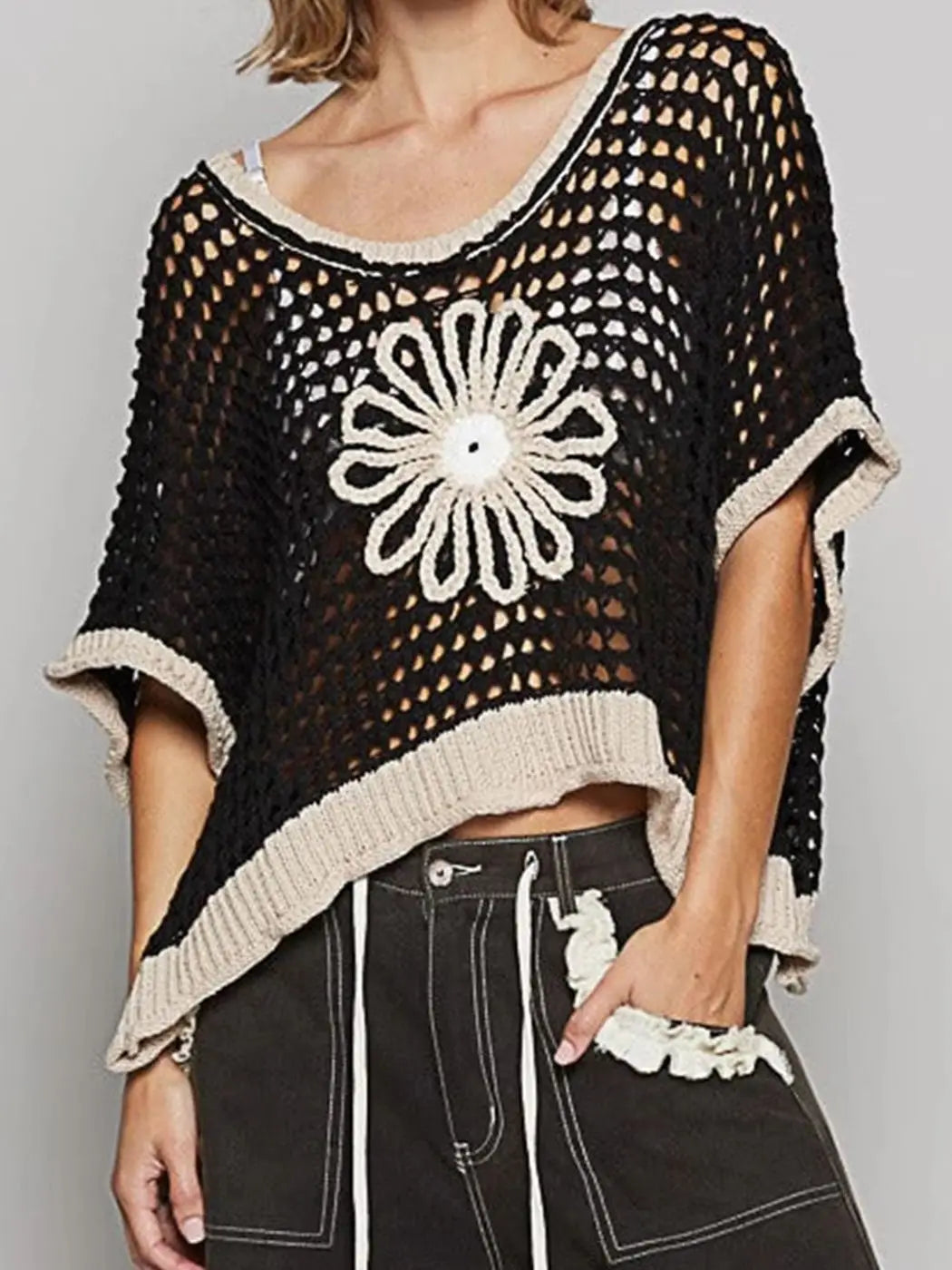 Women's Crochet Hollow Out Tops Half Sleeve O Neck Daisy Embroidery Loose Shirts Cover-ups Summer Knitwear