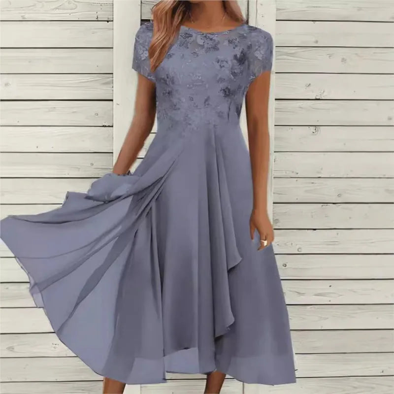 New 2025 Women's Lace Dress for Party Elegant Bride Wedding Dress Plus Size Jewel Neck Knee Length Chiffon Lace Long Party Dress