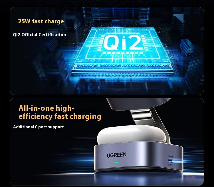 UGREEN Qi2 25W Magnetic Wireless Charger Stand Magsafe Fast Charger 2-in-1 Charging Stand For iPhone 16Pro 15 Pro Max/AirPods