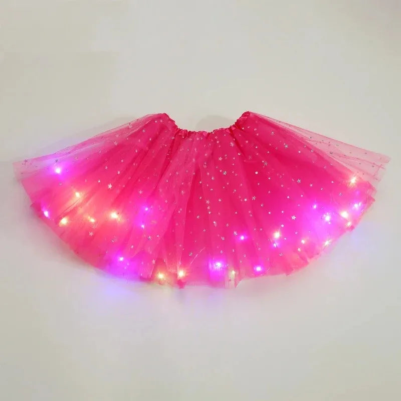 Children's Star Sequined LED Light-Up Tutu Skirt Halloween Carnival Party Girls' Glowing LED Skirt Half-Skirt Mesh Dress Costume