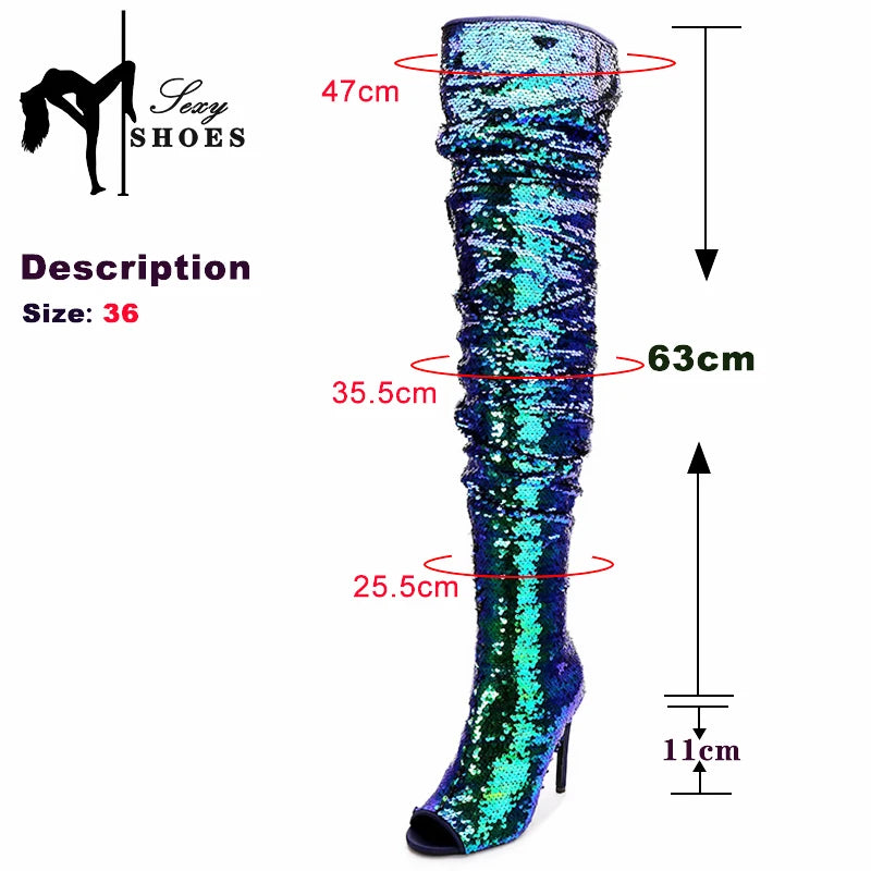 Fashion Wrinkle Women Long Boots Blue Sequined High Heels 11CM Nightclub Queen Peep Toe Shoes Shiny Over The Knee Boots Female