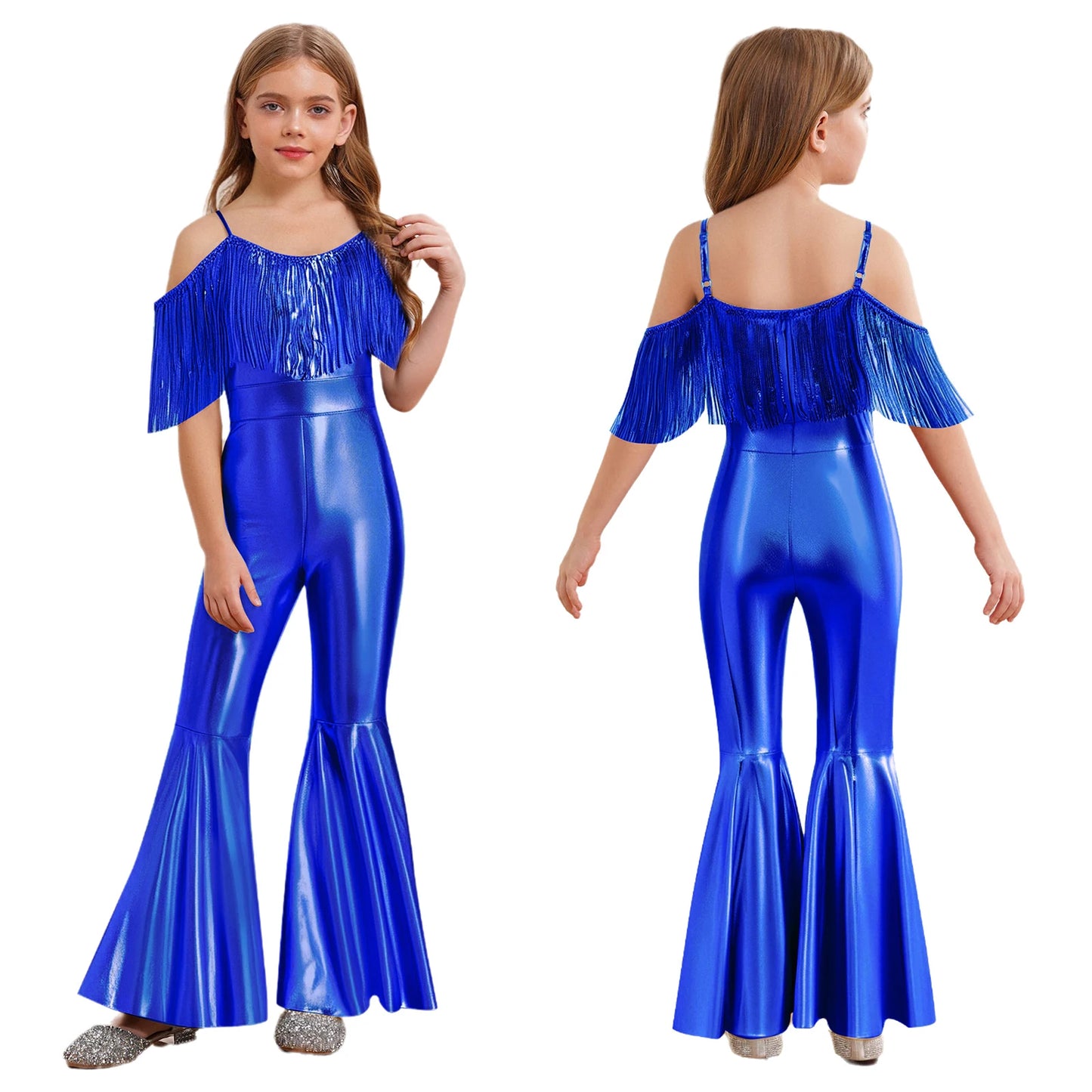 Shiny Halloween Hippie Costume for Kid Girls Sleeveless Sequins Tassels Disco Outfit 70s 80s Prom Flare Jumpsuit Party Costume