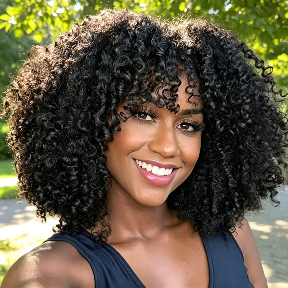 Mongolian Afro Kinky Curly Human Hair Wig Bob With Bangs For Black Women 180% 250% Density Brazilian Remy Full Machine Made Hair