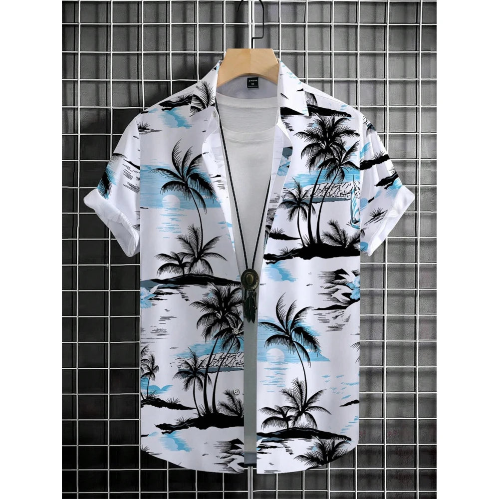 Men's Coconut Tree Graphic Print Short Sleeve Lapel Shirt Tops Men's Casual Button down Shirts Clothing Versatile Shirts