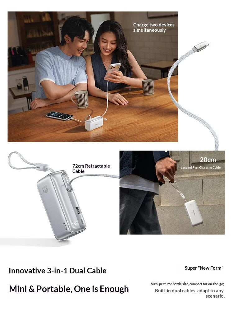Baseus 67W Pro 3 In 1 Portable Power Bank Retractable Cable Charger 3C Certified Airline Approved For Smartphone 10000mah